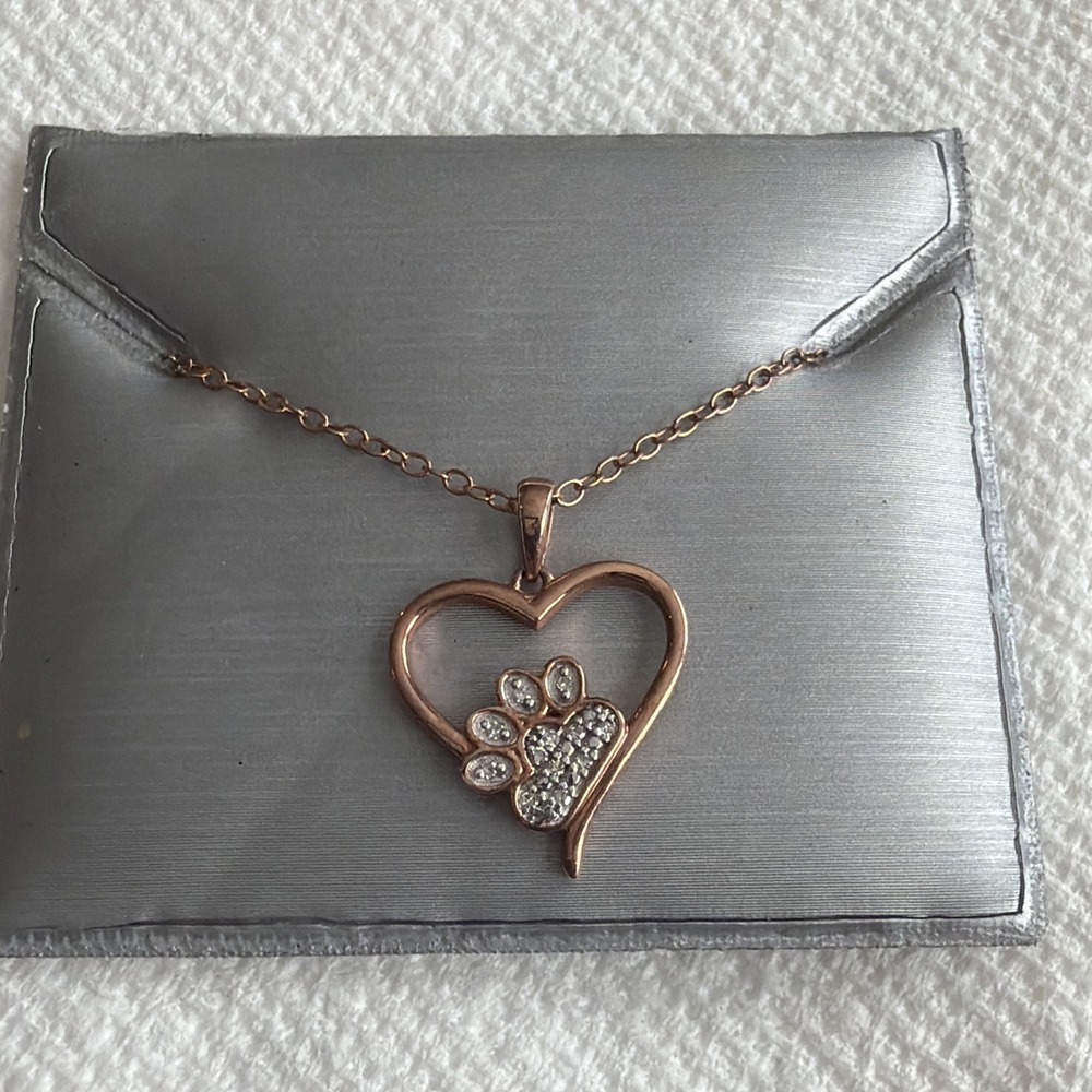 Diamond Accent Rose Gold Plated 925 Sterling Silver Paw Print‎ Heart Necklace